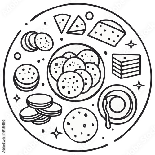 Charcuterie board line art icon with various cheeses cured meats crackers and appetizers