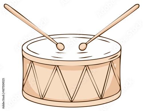 Illustrated brown drum with two drumsticks percussion musical instrument graphic