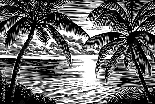 Wide tropical ocean during sunset, palm silhouettes against golden sky, waves rolling peacefully, exotic travel destination, black and white sketch