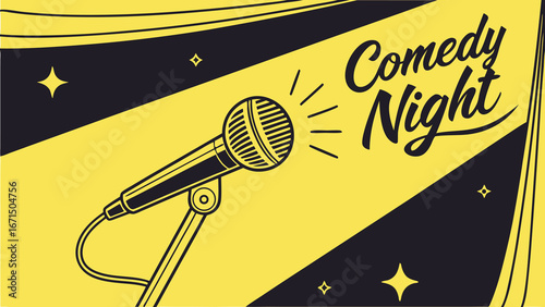 Dynamic microphone spotlights 'Comedy Night' with vibrant yellow and black design, perfect for live entertainment events.