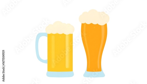 Two glasses of beer, one a mug, the other tall and slender, both filled with foamy golden liquid