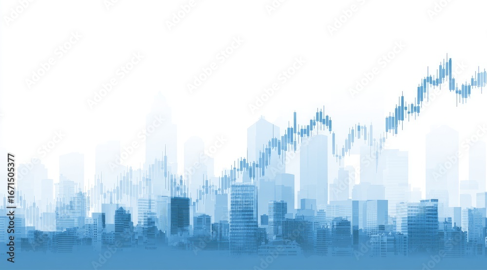 Obraz premium City skyline overlaid with rising stock chart