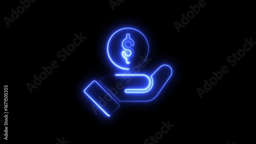 Glowing hand holding dollar coin concept investment and finance concept on black background. Cash Banking currency sign. upward arrows symbolizing financial growth