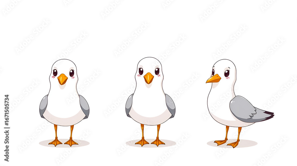 Naklejka premium Cute seagull characters set. Isolated on white background. Cartoon hand drawn vector illustration.