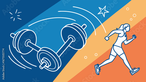 Dynamic fitness illustration with running woman and weights, celebrating active healthy lifestyle and exercise achievement