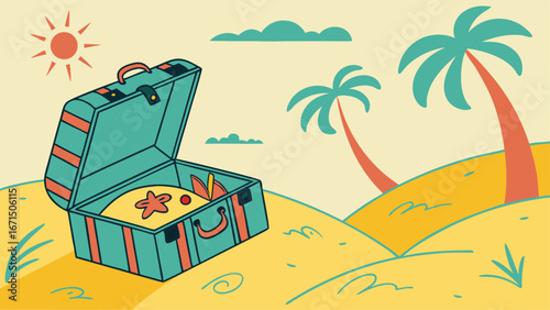 Open suitcase filled with beach essentials on sandy shore with palm trees and sun