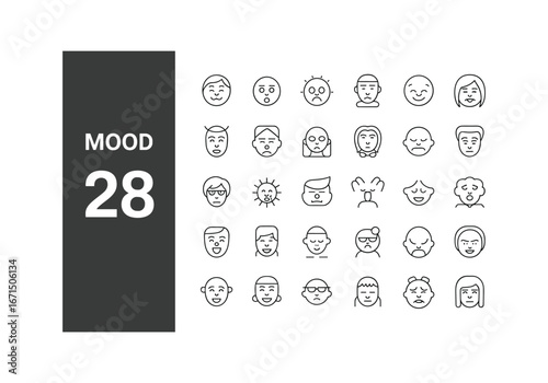 Collection of hand drawn outline emoji faces expressing various emotions and moods in a grid layout white background