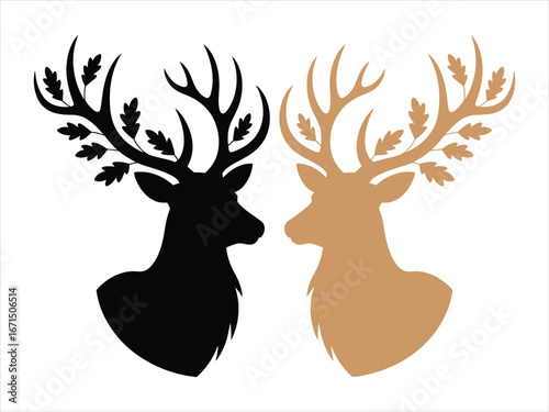 Black and tan deer heads facing each other antlers silhouette