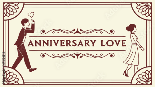 Elegant couple celebrating anniversary love with heart symbol, vintage decorative frame