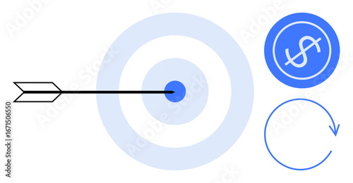 Arrow hitting bullseye, dollar icon, and circular arrow. Ideal for goals, achievement, focus, financial success, process strategy motivation. Simple flat metaphor