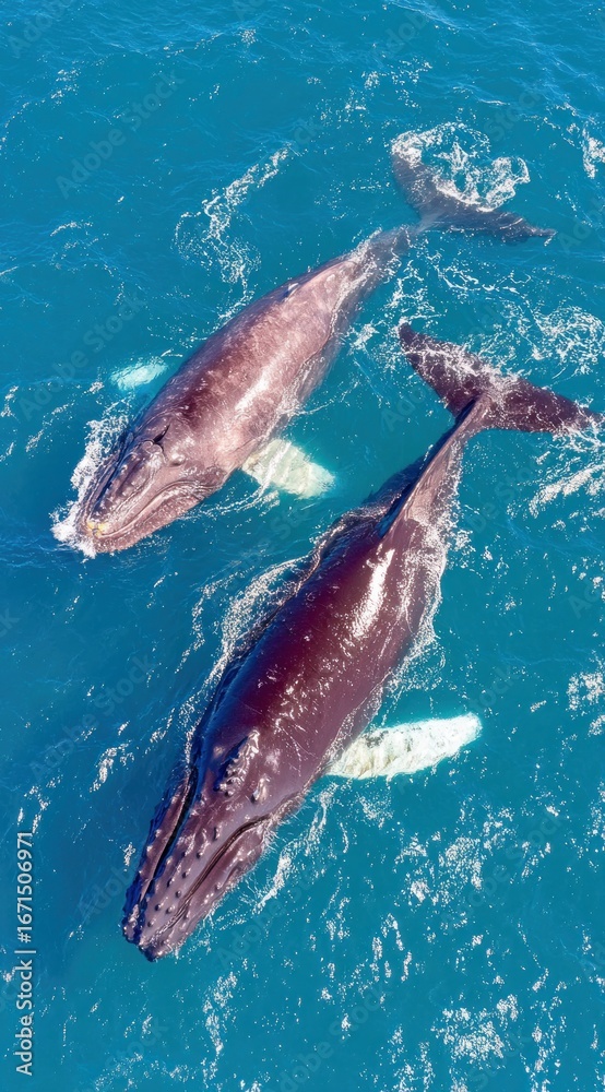 Fototapeta premium Humpback whales surface, gliding together in clear turquoise water
