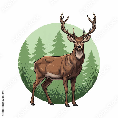Full body deer outside circular forest habitat vector illustration