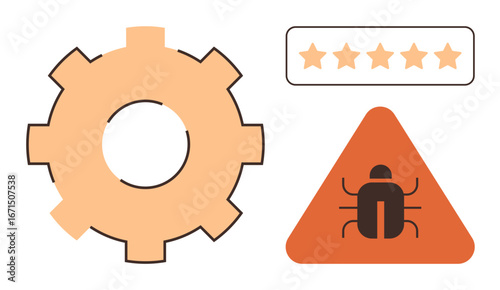 Gear symbolizing process, triangular bug warning for debugging, and 5-star rating for quality. Ideal for tech, repair, maintenance, software development, troubleshooting, quality control process