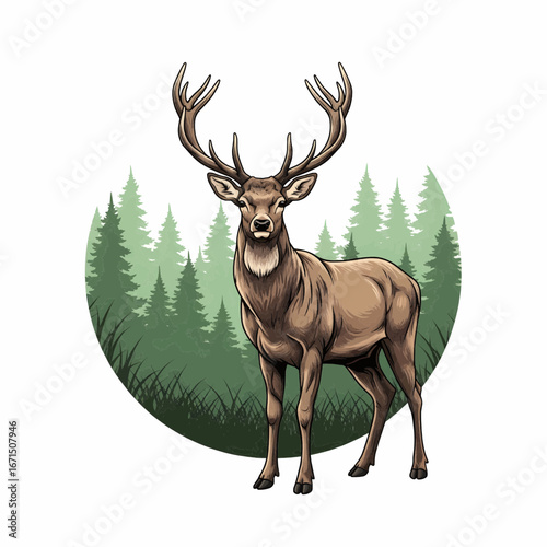 Full body deer outside circular forest habitat vector illustration