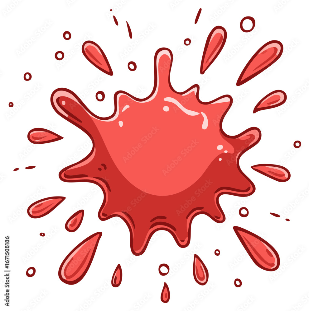 Fototapeta premium Red Splatter Illustration. Cartoon style splash of liquid with droplets