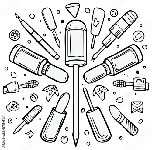 Hand Drawn Beauty Makeup Products Collection Flat Lay Doodle Style Illustration