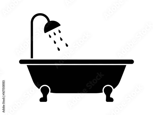 Bathtub with Running Shower Icon Black Silhouette for Bathroom Designs and Interior Design Projects Promoting Relaxation and Cleanliness