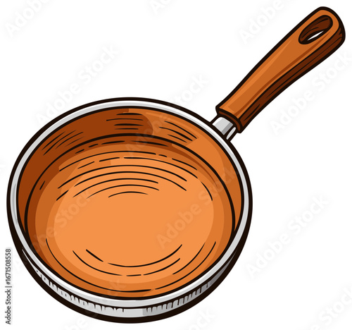 Empty Frying Pan with Orange Interior and Wood Handle