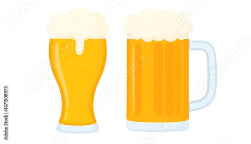Two glasses of foamy golden beer, one a pint glass and the other a tall, slender glass