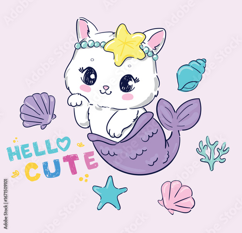 Hand Drawn Cute Cat Mermaid Cartoon Illustration Vector Kids print