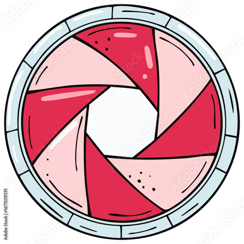Stylized illustration of a camera aperture with red and pink blades