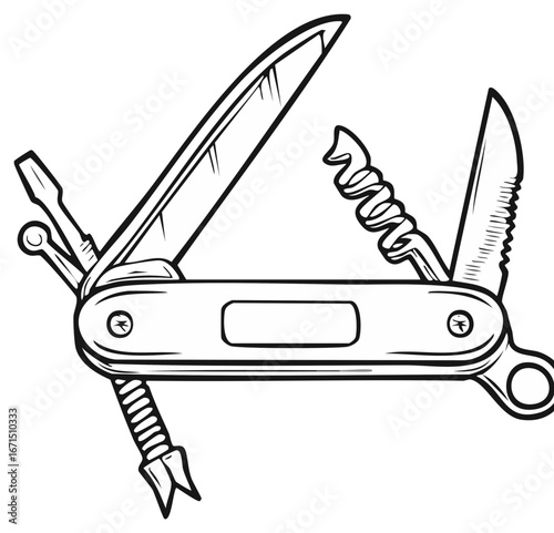 Multi tool pocket knife with open blade screwdriver corkscrew and saw