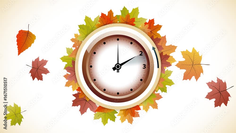 Animated illustration of a clock showing the time change when daylight savings time ends in the fall