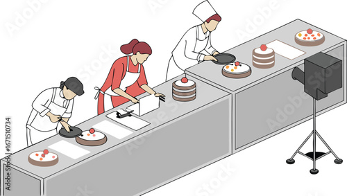 Chefs prepare delicious cakes at a culinary competition, showcasing baking talent and creativity.