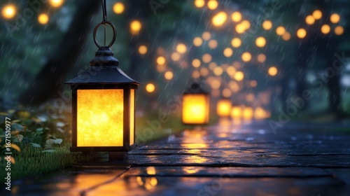 A beautifully illuminated lantern on a wet pathway, surrounded by atmospheric rain and glowing fairy lights, This image evokes a sense of tranquility, perfect for projects on ambiance, nature