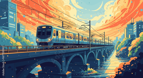 An anime-style illustration of a commuter train crossing an arched bridge over a river in a city at sunset.
