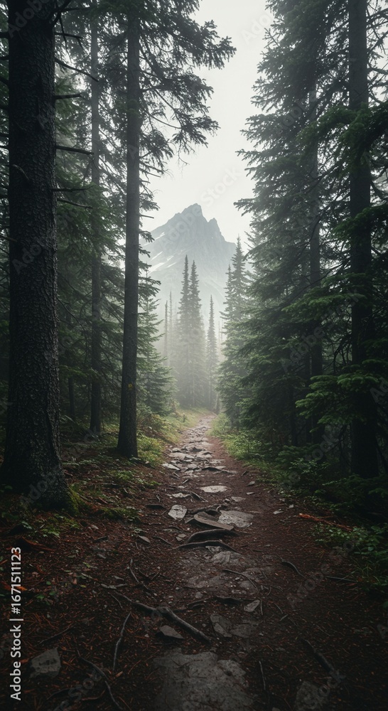 Fototapeta premium Misty forest path through evergreen trees
