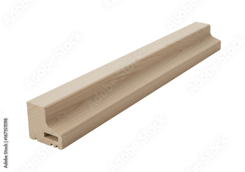 Smooth wooden molding piece resting on a plain background, ideal for interior design projects, isolated on white background