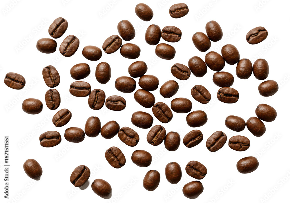 Obraz premium A close-up view of scattered coffee beans on a dark surface, showcasing their rich texture, isolated on white background