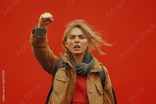 Young woman protesting with raised fist, activist girl shouting against red background, concept of feminism, freedom, resistance, social justice, political demonstration and empowerment