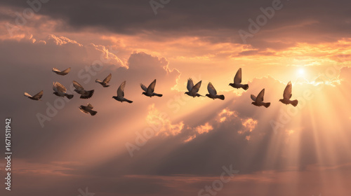 Wallpaper Mural Flock of birds gracefully flies across dramatic sky filled with clouds and rays of sunlight. scene evokes sense of freedom and tranquility, highlighting beauty of nature Torontodigital.ca