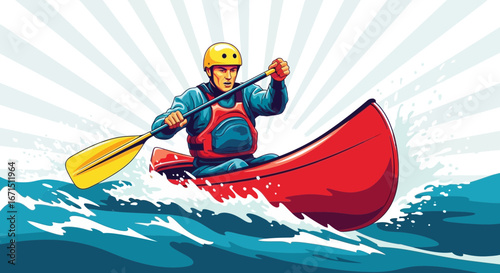 An adventurous man in a red canoe paddles vigorously through turbulent whitewater rapids in a dynamic illustration.