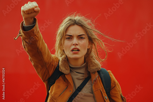 Young woman protesting with raised fist, activist girl shouting against red background, concept of feminism, freedom, resistance, social justice, political demonstration and empowerment