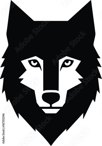 silhouette of wolf's head frontal view, black and white vector illustration
