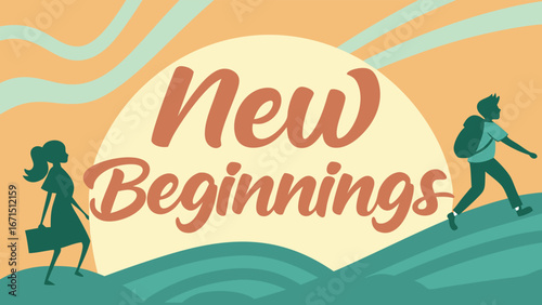 Inspiring journey towards new beginnings with hopeful travelers embracing a bright future