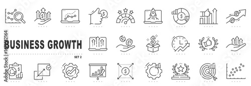 Business growth outline icons showing profit, revenue, analytics, KPI dashboards, strategy, marketing, startup launch, productivity, success, vector editable stroke set
