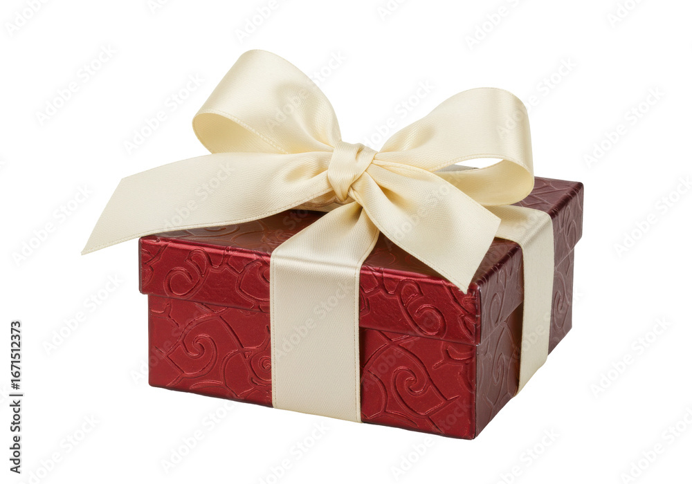 Fototapeta premium Elegant red gift box with a cream ribbon, perfect for celebrations and special occasions, isolated on white background