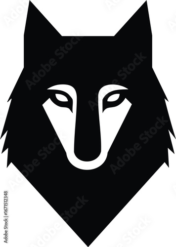silhouette of wolf's head frontal view, black and white vector illustration