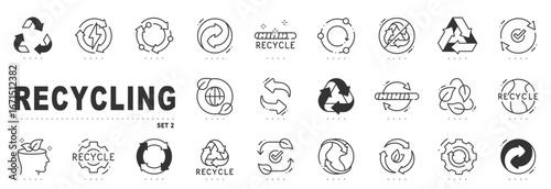 Recycling line icons for sustainability: eco symbols, waste sorting, net zero, zero waste, renewable, circular economy, outline style, editable stroke. Set 2