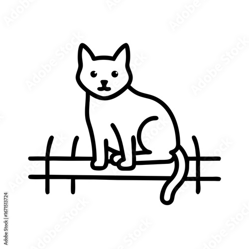 Cat sitting on a wooden fence in simple line art style  