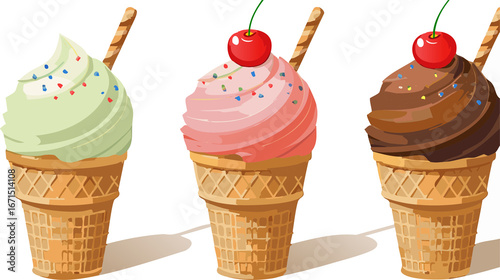 Vibrant vector illustration of a three-scoop ice cream cone, with strawberry, chocolate, and vanilla scoops, sprinkles, and a cherry on top, fun and cheerful cartoon style, isolated on a white backgro