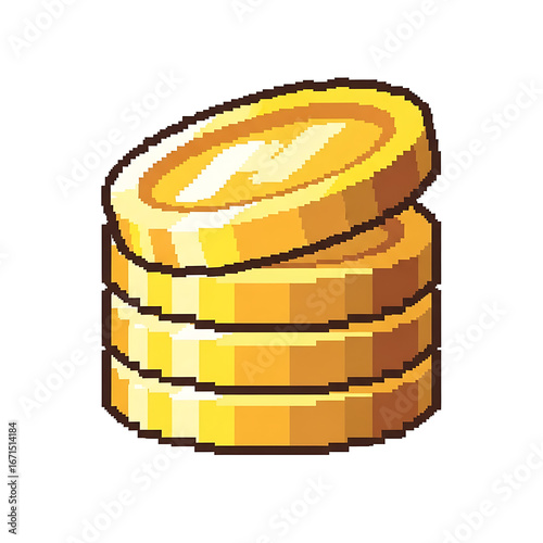 A stack of four shiny gold coins in a retro video game pixel art style.