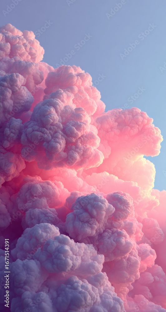 Obraz premium Pink cloud column rises to blue sky; dense, cotton-like texture