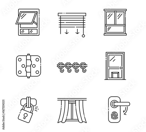 Set of Window and door accessories icon, Curtain rods and curtains, Lock or Padlock, digital door lock and door hinge Symbol Outline icon, Editable Stroke