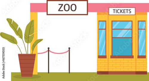 Zoo entrance with ticket booth and plant illustration