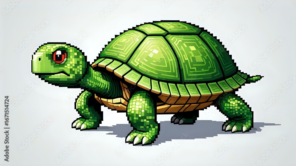 Fototapeta premium Adorable pixel art turtle, green shell with circuit board design, cute cartoon style, isolated on white background. Perfect for game assets, children's books, or fun designs.